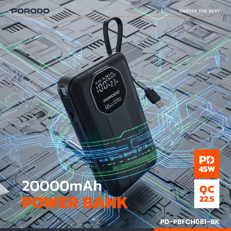Porodo 20000mAh Power Bank with Retractable & Detachable Type-C Cables, 45W Power Delivery, 22.5W QC Output, LED Power Info Display, Multi-Device Charging - Black