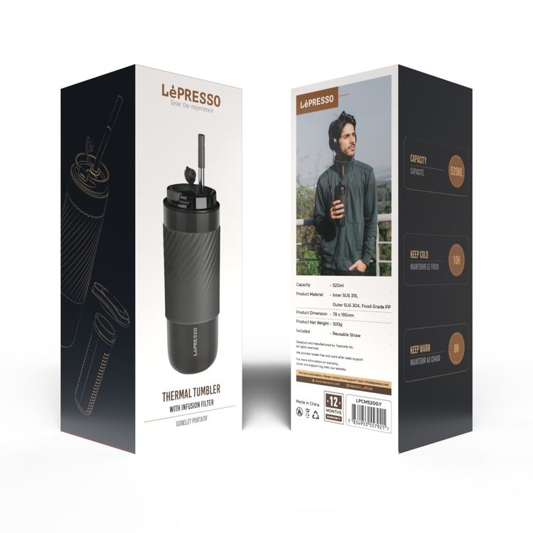 Lepresso Thermal Tumbler مع مرشح التسريب، 520 مل، يتضمن شفاطة قابلة لإعادة الاستخدام، يحتفظ بالبرودة لمدة 10 ساعات، يحتفظ بالدفء لمدة 8 ساعات، مكون فلتر الشاي، جسم من الفولاذ المقاوم للصدأ، خفيف الوزن وسهل الحمل - رمادي