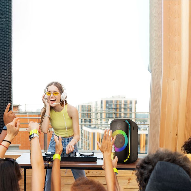 Porodo Soundtec Party Speaker with 200W Power, 4000mAh Battery Capacity, Built-in FM Radio, Bluetooth Control, IPX7 Water-Resistant, 20 Hours Play Time, 3 Hours Charging Time, 1.4" Microphone/Guitar Port, 3.5mm AUX Jack, USB-A Charging Port, LED Display, Button Control - Black