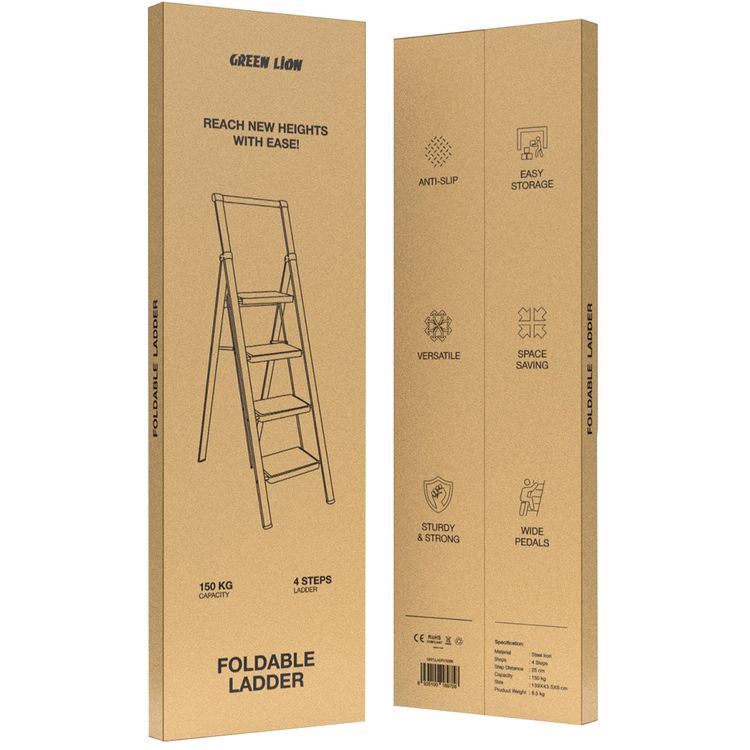 Green Lion Foldable Ladder with 150kg Maximum Weight Capacity, Wide Pedals, 25cm Step Distance, Steel Iron Material, 4 Steps, Anti-Slip Surface - Black