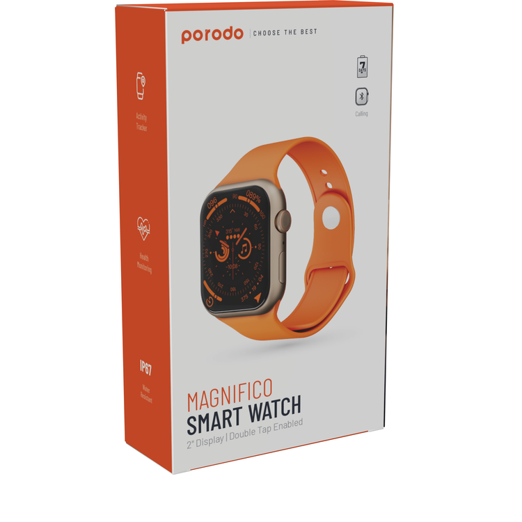 Porodo Magnifico Smart Watch with 2 Inches Full Touch Screen, Comprehensive Health Monitoring, Real-Time Notifications, Activity Tracker, G-Sensor MSA311, 200mAh Battery, 7-15 Days Working Time - Titanium