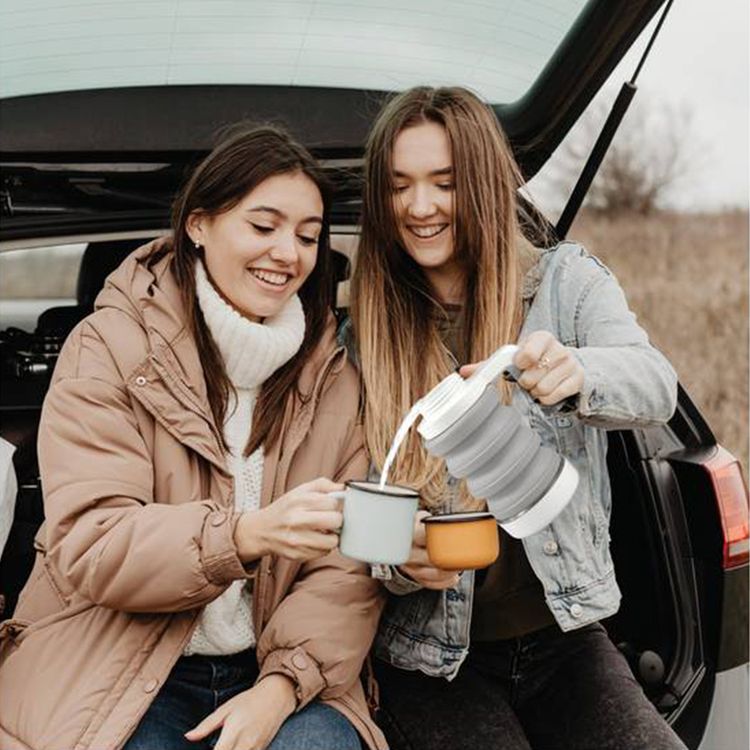 Green Lion Car Folding Electric Kettle with 500mL Bottle Capacity, Food-Grade Silicone + ABS & Stainless Steel Materials, Digital Display, Collapsible Design, Temperature Control - White