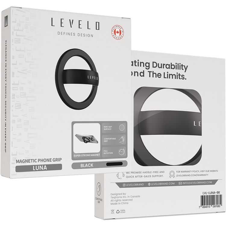 Levelo Luna MagSafe Phone Ring Holder with Comfortable Grip, 360 Full Rotation, Non-Slip Surface - Black 