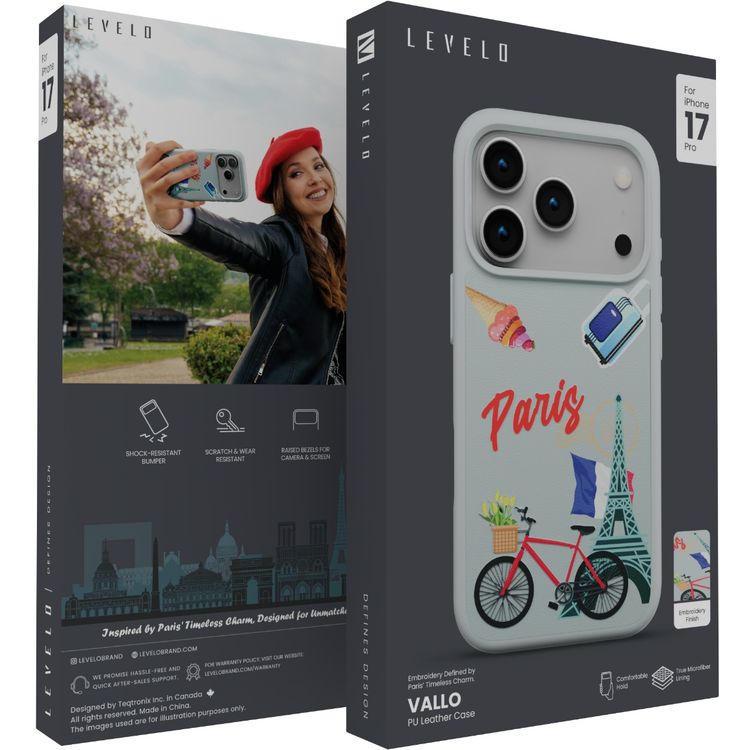 Levelo Vallo PU Leather Case for iPhone 17 Pro with Embroidery Paris Finish, Comfortable Hold, Durable PU Leather, Raised Bezels for Camera and Screen, True Microfiber Interior Lining, Scratch & Wear Resistant, Shock-Resistant Bumper - Brushed Silver