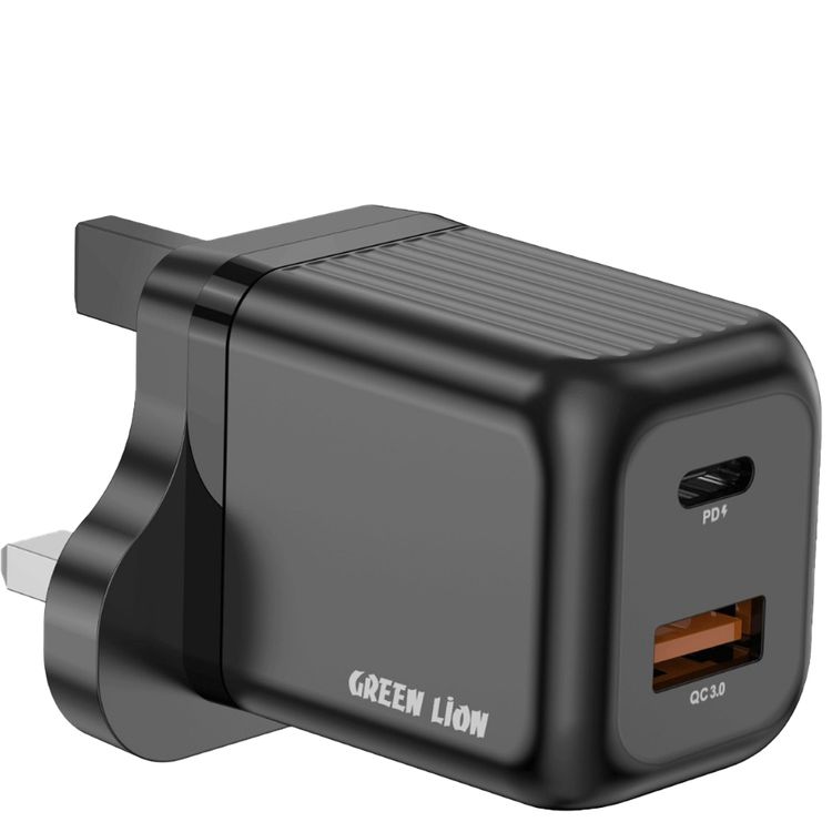 Green Lion Ultra Compact Gan Wall  Charger with Type-C to Lightning Cable, PD 35W, USB-A & USB-C Ports, 3-Pin UK Power Plug, PC Flame Retardant Material, Charging Protection, GaNStorm Technology - Black