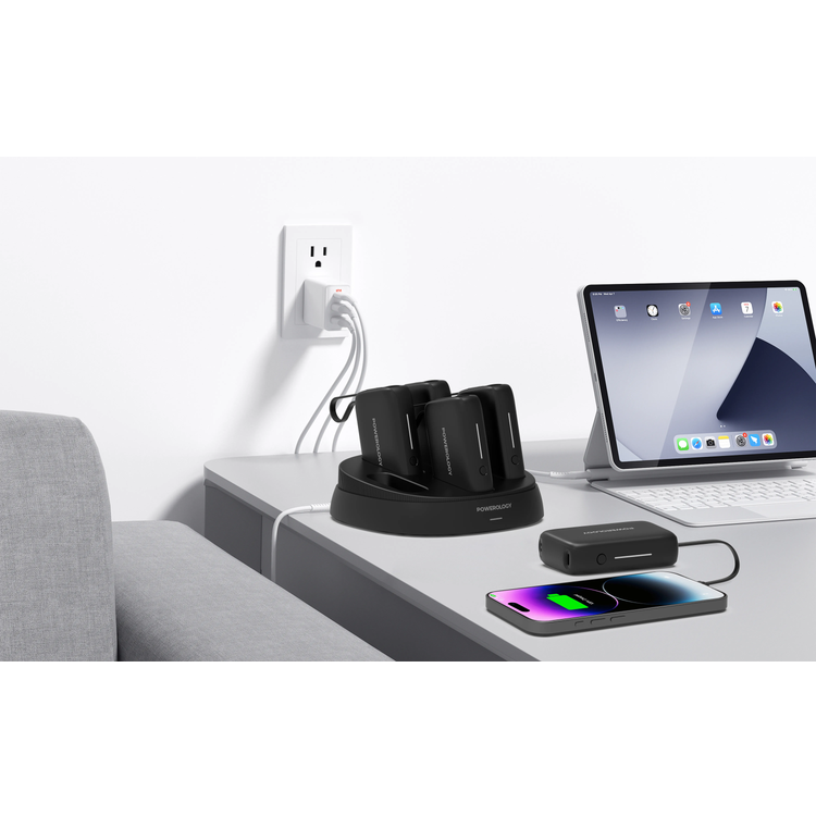 Powerology 5 x 10000mAh Power Bank Station with 50W PD, USB-A, USB-C, Type-C Built-in Cable, 12V/1A Max Contact Input, Rapid Recharging Station, High-Density Batteries, Type-C Built-in Cable, 5V/3A Total Output, Built-in Safeguards - Black