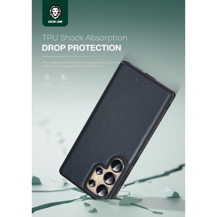 Green Lion Leather Case Samsung Galaxy S25 Ultra, TPU Shockproof Edges, Drop Protection, Comfort Grip, Camera Protection, Precise Cutouts, Anti-Scratch - Blue