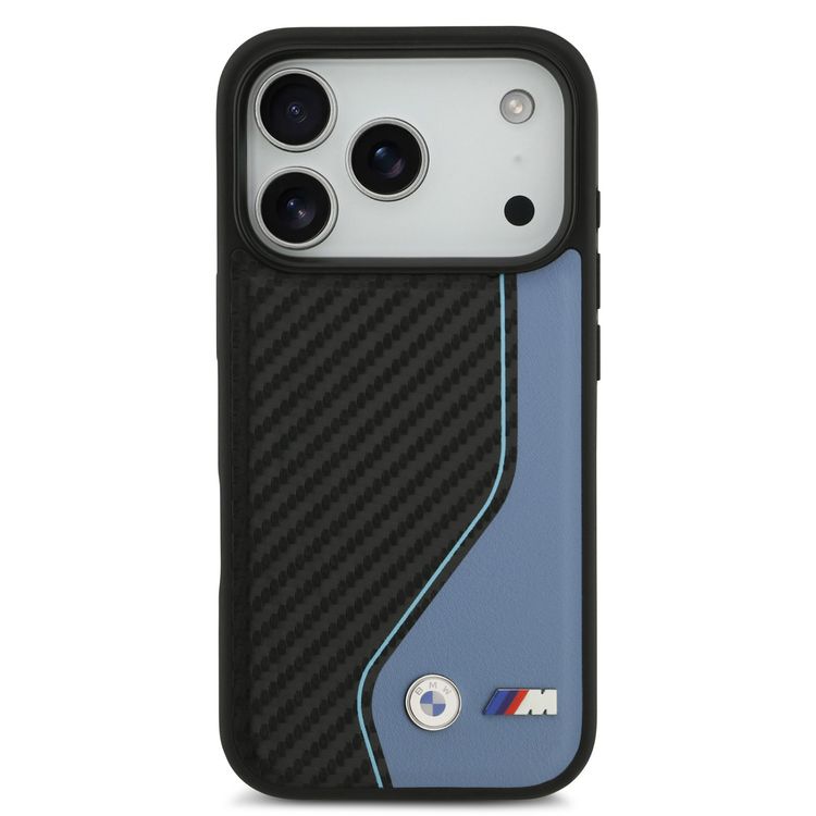 BMW PU Leather & Carbon Case with Colored Line Stitch for iPhone 17 Pro Max, Drop Protection, MagSafe Compatible, Sustainable Packaging, Easy Snap-On Design, Slim Profile - Black / Blue