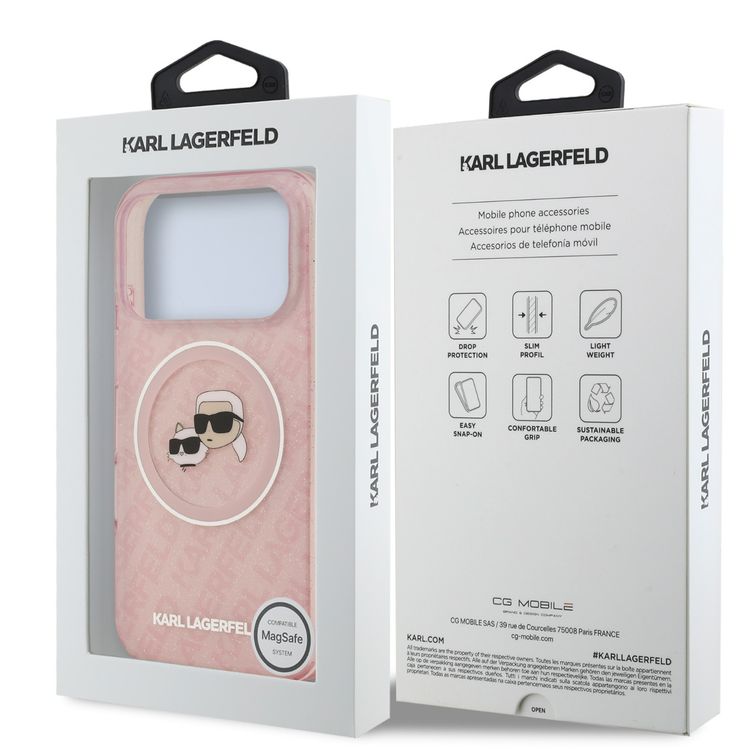 Karl Lagerfeld MagSafe IML Glitter & KL Repeated Case with Karl & Choupette for iPhone 17 Pro Max, Slim Profile, Drop Protection, Easy Snap-On, Sustainable Packaging, Comfortable Grip, Lightweight Design - Pink