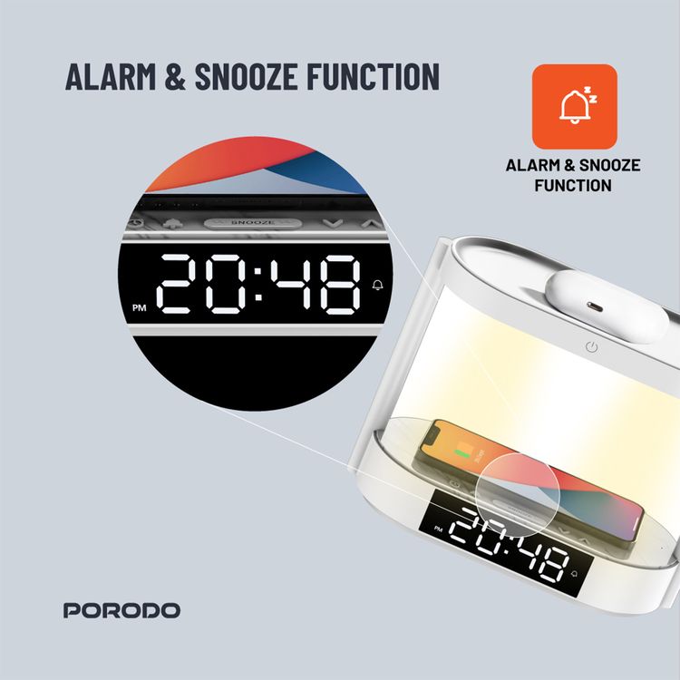 Porodo Bedside Light with Wireless Charger and Digital Clock, 3 Brightness Levels, Dual Wireless Charging, Alarm and Snooze Function, Digital Display - White