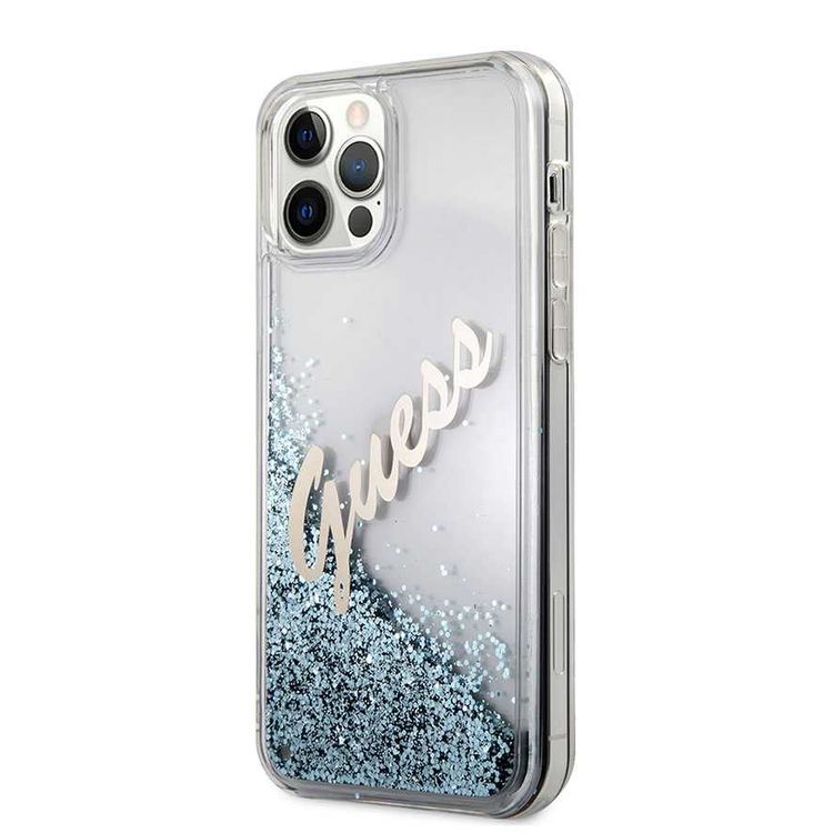 CG MOBILE Guess Liquid Glitter Script Hard Phone Case Compatible for iPhone 12 Pro Max (6.7") Shock Resistant Mobile Case Officially Licensed - Vintage Blue