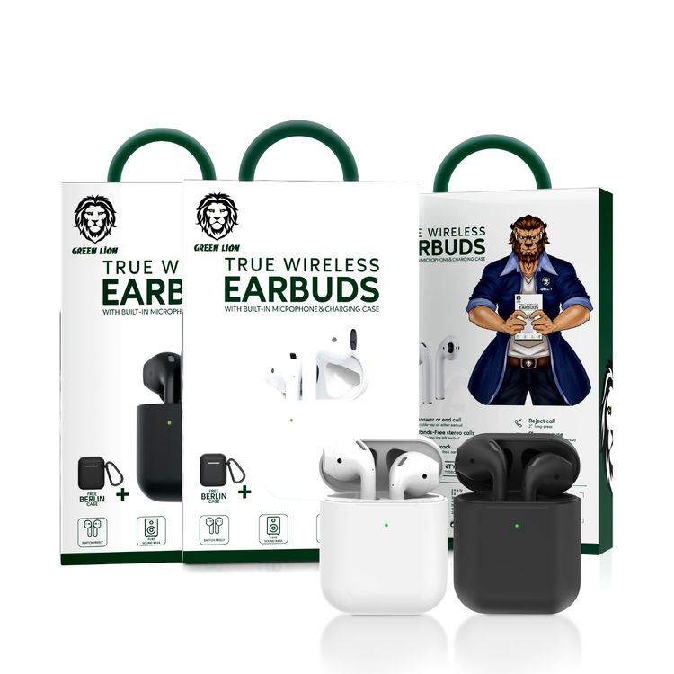 Green Lion True Wireless Bluetooth Earbuds, IPX5 Waterproof, Bluetooth Version 5.2, Built-in Microphone & Charging Case, Pure Sound Bass, Touch Sensor, Comfort Fit, Free Berlin Protective Case - Black