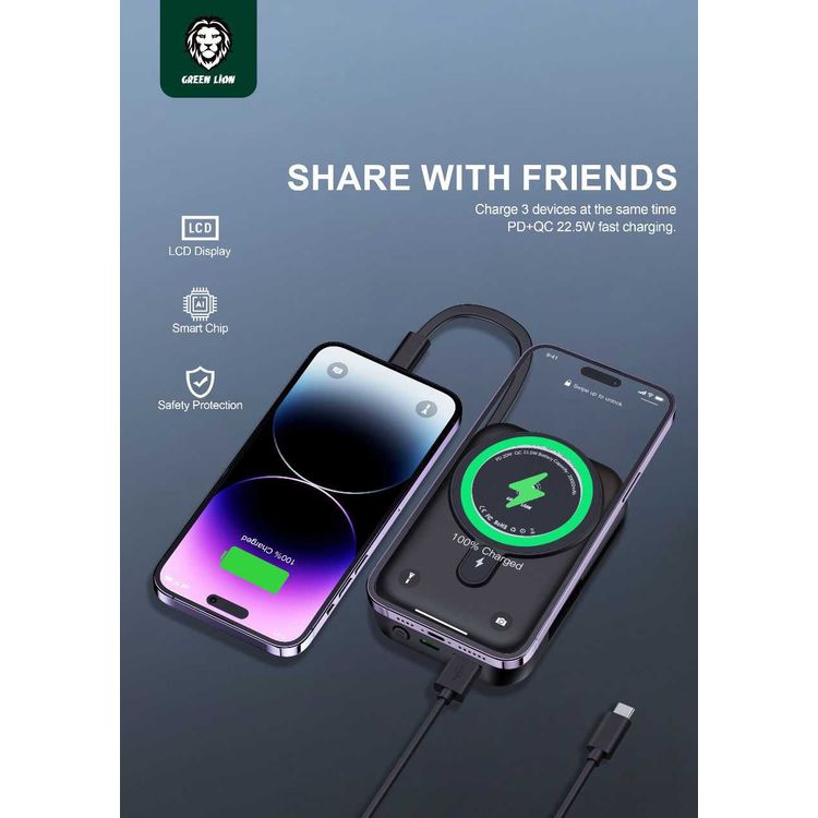 باور بنك Green Lion Monaco Magsafe بقدرة 20000 مللي أمبير في الساعة مع كابل Lightning مدمج، شحن سريع PD 20W، QC 22.5W، شحن لاسلكي 15W، شاشة LCD، جاذبية مغناطيسية، خفيف الوزن ومحمول - بنفسجي