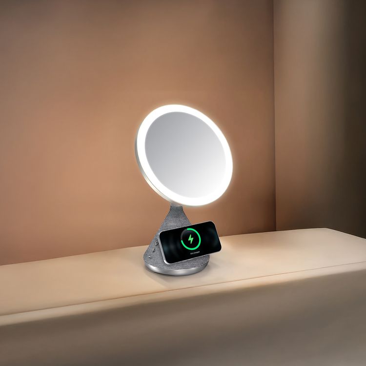 Porodo LED Makeup Mirror with 3 Brightness Levels, Bluetooth Speaker, Up to 30m Bluetooth Transmission Distance, USB-C Power Port, MagSafe Charger, 1m Charging Cable Included - Silver