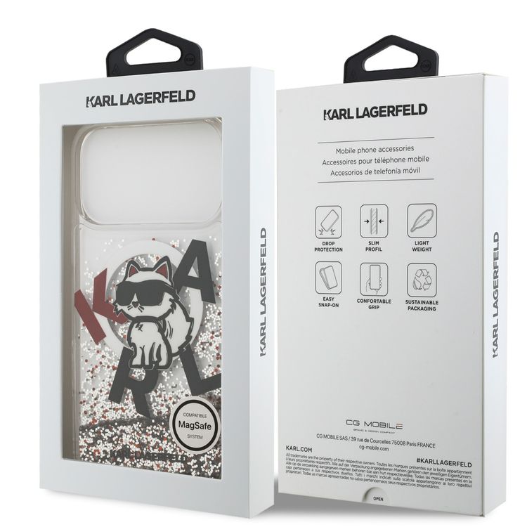 غطاء Karl Lagerfeld MagSafe Liquid Glitter بشعار Choupette المتناثرة لجهاز iPhone 17 Pro Max، بمظهر نحيف، حماية من السقوط، تركيب سهل، تغليف مستدام، قبضة مريحة، تصميم خفيف الوزن - أبيض