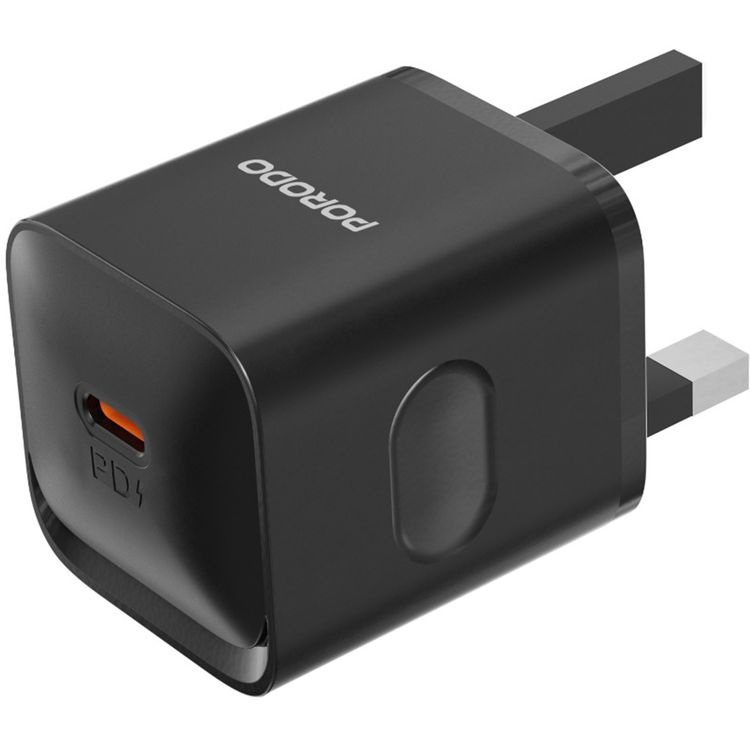 شاحن حائط Porodo USB-C Power Delivery مع كابل USB-C إلى USB-C، بطول 1.2 متر، PD 20W، قابس المملكة المتحدة، حماية من الحرارة الزائدة، رفيق موثوق، شحن متزامن - أسود