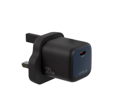 Levelo Vero 20W GaN UK Adapter with Single Type-C Port, Durable Material, Fast Charging, Over Charge Protection, UK Plug - Black / Blue
