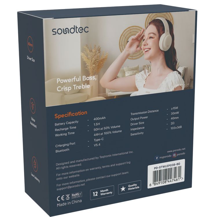  Porodo Soundtec Wireless Headphones with 400mAh Battery Capacity, 1.5 Hours Recharge Time, Up to 50 Hours Working Time, Type C Charging Port, Bluetooth V5.4 - Beige