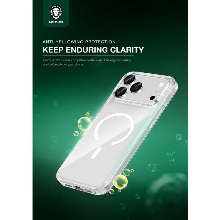جراب Green Lion MagSafe شفاف كريستالي لجهاز iPhone 17 Pro Max، مغناطيسات قوية N52، وضوح فائق HD، حماية للكاميرا، مضاد للخدوش، حماية فائقة من السقوط، فتحات دقيقة، حماية بمستوى عسكري - شفاف