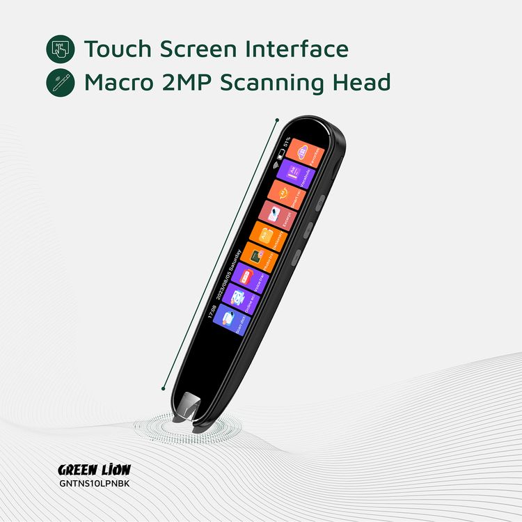 Green Lion Translation Pen with Touch Screen Interface, Photo, Voice & Scan Translation Capability, Bluetooth & Wi-Fi Connectivity, Dictionary & Vocabulary Access, Smart Recording, OCR Technology, Up to 8 Hours Working Time, 142 Languages Supported, Type-C Charging Port - Black