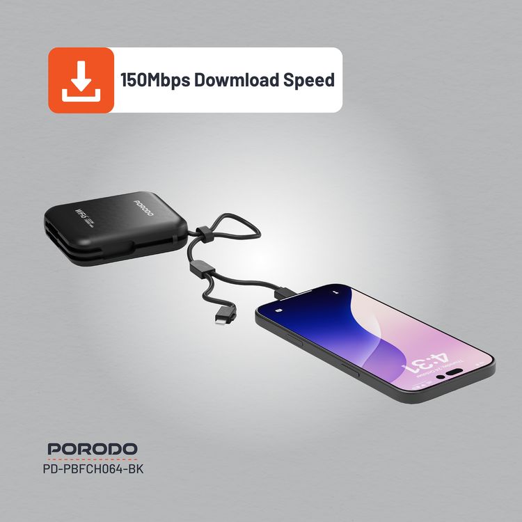 Porodo Portable 4G LTE WiFi Router,10000mAh Battery Capacity, 150Mbps Download Speed, 50Mbps Upload Speed, Built-in Cables, Secure Connection - Black