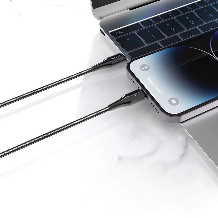 Green Lion Metal Spring Hose Cable USB-C To Lightning with 30W Power Delivery, 1m Cable Lenght, Metal Hose + Zinc Material - Silver