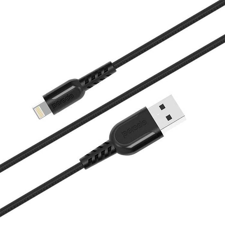 Porodo Metal Braided Lightning Cable 2.4m, Fast Charging, Data Sync, Super Durable, Compatible with iPads, iPhones and AirPods/AirPods Pro - Black