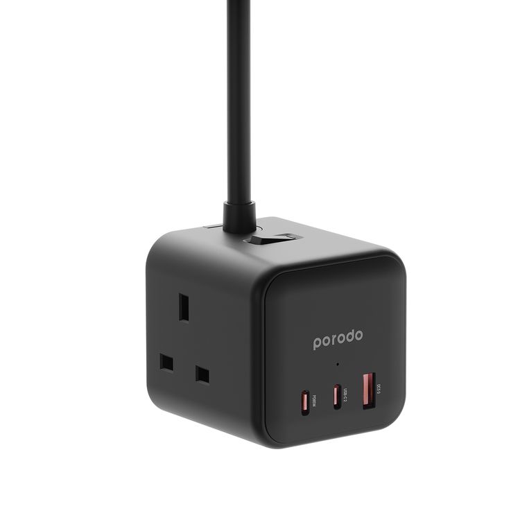 Porodo GaN Power Cube Multi-Port Charger with 3 AC Sockets, USB-A & Dual USB-C Ports, 3250W Power, Overload Protection, 60W USB-A QC Output, Super-Compact - Black