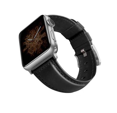 Viva Madrid Montre Cordovan Genuine Leather Strap Compatible for Apple Watch 42/44MM - Sweat Resistant & Lasting Durability - Comfortable Replacement Wrist Band  - Black/Silver
