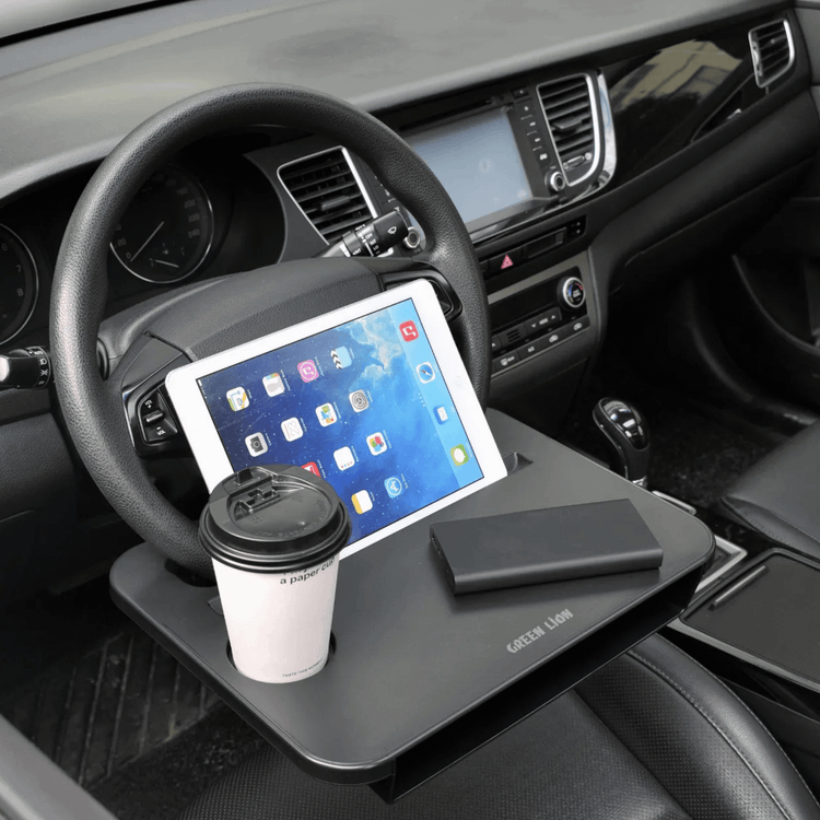 Green Lion Multi-Functional Steering Wheel Tray, 2kg Weight Capacity, Compatible with Circular Steering Wheels (35-42mm), Dual-Mount Design, Gap Storage Box, Easy Cleaning & Installation, Stable Dining Tray, Laptop Workstation, Tablet Slot & Cup Holder – Black