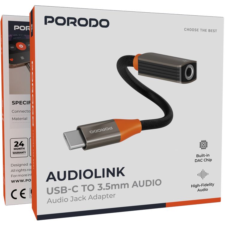 Porodo AudioLink USB-C to 3.5mm Audio Jack Adapter with 10cm Length, Braided Nylon with Aluminum Shell Material, Built-in DAC Chip, Tangle-Free Design, Plug & Play, High-Fidelity Audio - Black / Orange