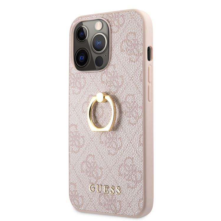 CG MOBILE Guess PU Leather 4G Case with 360° Rotating Ring Grip Holder Stand Compatible for iPhone 13 Pro (6.1") Suitable with Wireless Charging Officially Licensed - Pink