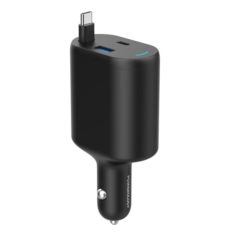 Powerology Type-C Retractable Car Charger, Dual Ports, Patented Design, Built-in Safeguards, Simultaneous Charging, Integrated Type-C Cable - Black