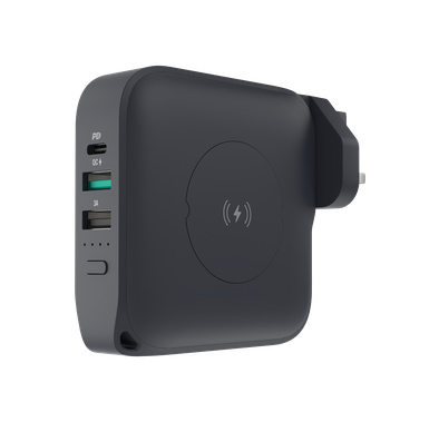 Powerology Compact Design Wall Charger Power Bank 10000mAh 15W/7.5W Fast-Wirelss with MagSafe & 20W PD, Universal, Interchangeable Adapters, 3 Output Ports USB-A - Black