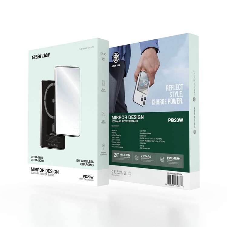 Green Lion Mirror Design 5000mAh Power Bank with LED Indicator, Type-C Port, 20W Power Delivery, 15W Wireless Output, Aluminum & Glass Material, Ultra-Thin & Ultra-Light Design, Fast Charge - Black