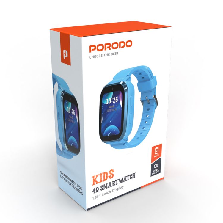  Porodo 4G Kids GPS 1.85 inches Smart Watch Junicare with Touch Display, 36 Hours Working Time, 3 Hours Charging Time, Video Calling - Blue