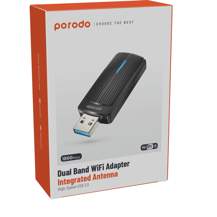 Porodo Dual Band WiFi Adapter with 2dBi High Gain Antenna, Dual Band, High-speed USB 3.0 Interface, Windows OS Compatibility - Black
