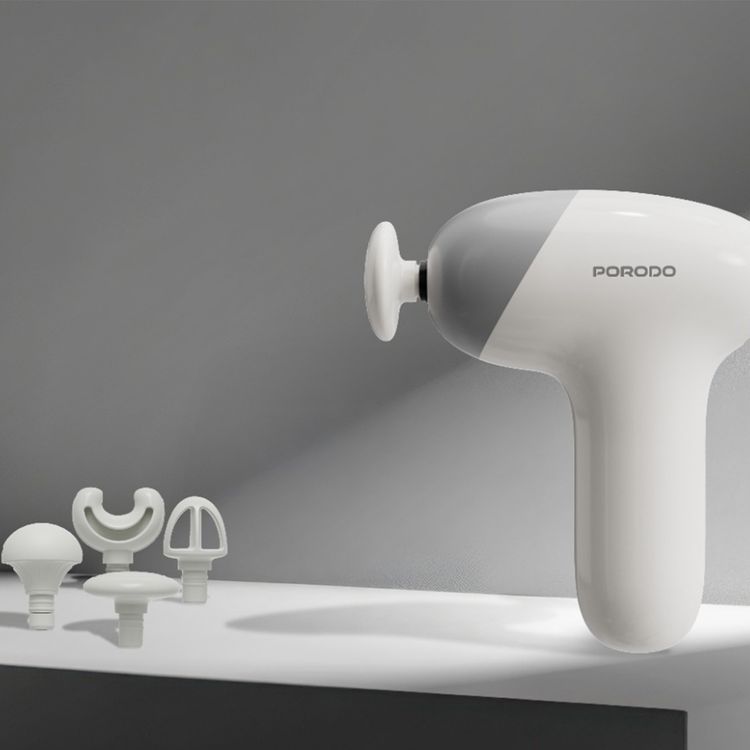 Porodo Lifestyle Cordless Mini Massager with 4 Interchangeable Heads, 5 Speed Levels, 4 Hours Working Time, Adjustable Massage Intensity, Fast Charge, 30W Rated Power, 1300mAh Battery, Safety Auto Shut-Off - Beige