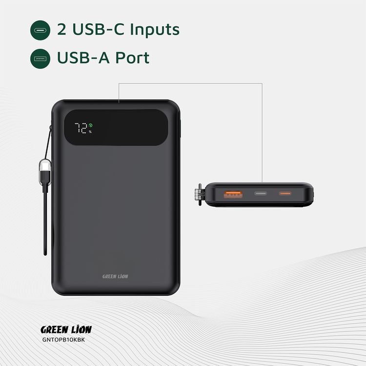 Green Lion Toledo 10000mAh Power Bank with 20W PD Fast Charging, USB-C to USB-C Cable Strap, USB-A & USB-C Outputs, Flight Approved, Digital Display, Fast Charging - Black