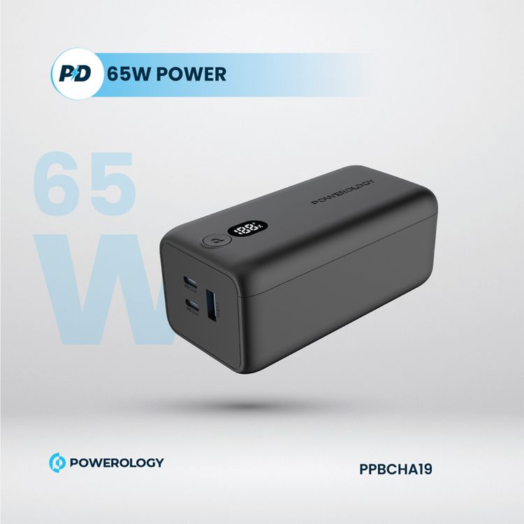 Powerology 20000mAh 65W Onyx Power Bank, Overcharging Protection, USB-A & x2 USB-C Output, LED Display, Fast Charging, Compatible With Laptop  - Black