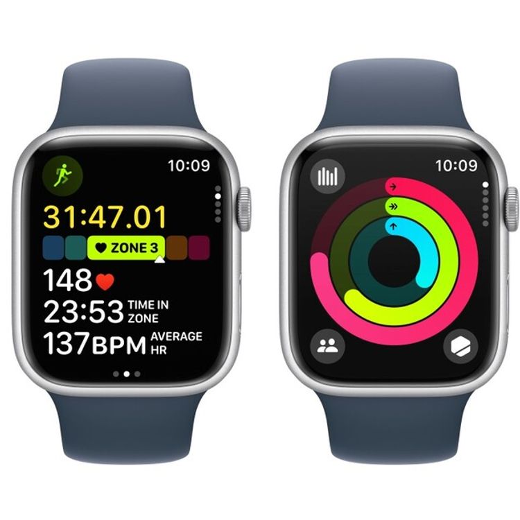 Apple Watch Series 9 [GPS 45mm] with Silver Aluminum Case & Storm Blue Sport Band | M/L
