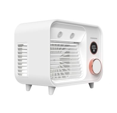 Porodo Mini Mist Fan Desktop Air Cooler with LED Display & Knob Control, 250mL Tank Capacity, 2000mAh Battery, 7.4W Rated Power, Up to 7 Hours Working Time, USB-C Charging Port, 5 Speed levels, Instant Cooling Mist - White