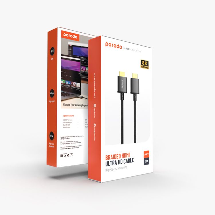 كابل HDMI Ultra HD من Porodo، موصلات عالية الجودة، بث عالي السرعة، إصدار HDMI 2.1، طول الكابل 3 متر - أسود