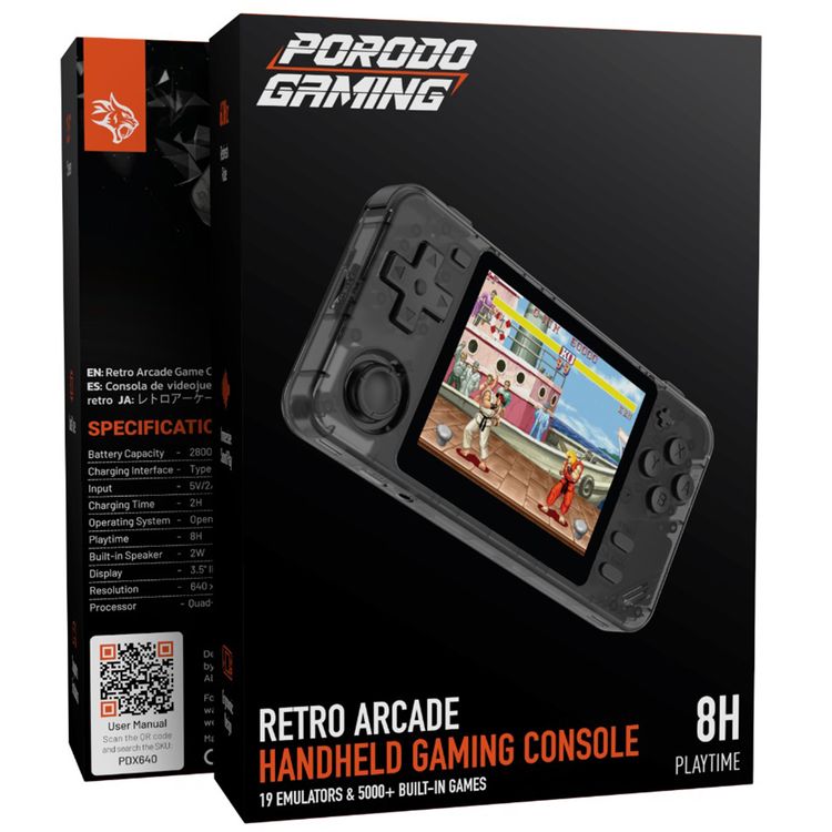 وحدة التحكم في الألعاب الرجعية Porodo Gaming PDX640 مع 19 محاكًا وأكثر من 5000 لعبة مدمجة، شاشة بحجم 3.5 بوصة، معدل تحديث 60 هرتز، وقت لعب يصل إلى 8 ساعات، صوت غامر، تصميم مريح، سعة بطارية 2800 مللي أمبير - لون رمادي