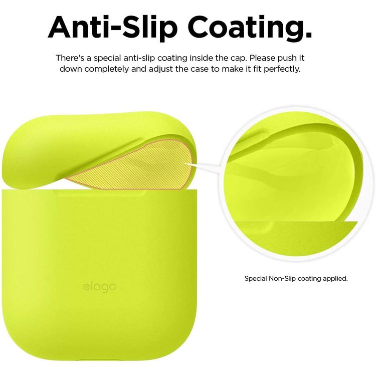 Elago Basic Skinny Case for Apple AirPods 1&2 Generation, Upgraded Premium Silicone, Front LED Visible, Dustproof Protective Cover, Compatibility With Wireless Chargers Neon Yellow