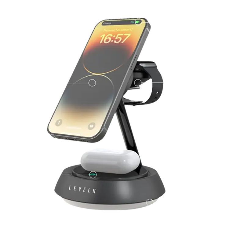 Levelo Sienese 3-in-1 Wireless Charger with MagSafe Compatibility, 15W Output Power, 0.8kg Magnetic Attraction, Heat Dissipation System, Anti-Slip Mat, Night Light - Black