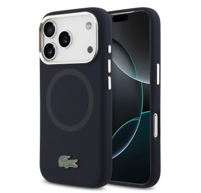 Lacoste MagSafe Silicone Case with Metal Logo for iPhone 17 Pro, Drop Protection, Sustainable Packaging, Slim Profile, Easy Snap-On Design - Navy