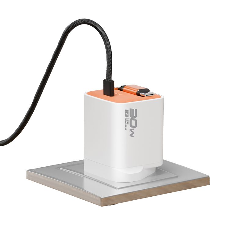 Porodo Tezpatro 30W GaN Charger with USB-C Retractable Cable, 0.8A Rated Current, 30W Power Delivery, 80cm Cable Length, Flame-Retardant Housing, Fast Charge Support - White / Orange