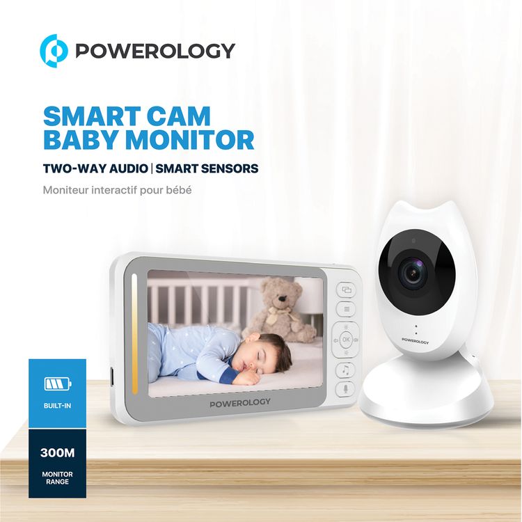 Powerology Smart Cam Baby Monitor with Two-Way Audio & Smart Sensors, 300m Monitor Range, 4.35" Screen Size, Milk Feeding Reminder, Preloaded Music - White