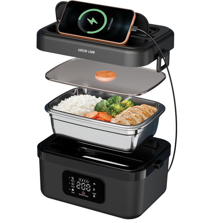 Green Lion Portable Lunch Box with Built-in Battery, Electric Heating, 1L Capacity, 8000mAh Battery Capacity, 5 Perfect Heating Modes, 60W Power Rapid Heating, Leak-Proof Design, Phone Holder and Power Bank Function, USB-C Charging, Dishwasher Safe, Digital Touch Display, Steam Release Valve - Black